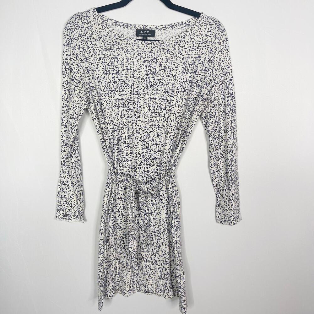 APC Womens XS White Blue Cream Printed Tie Waist Cotton Linen Dress Long Sleeve